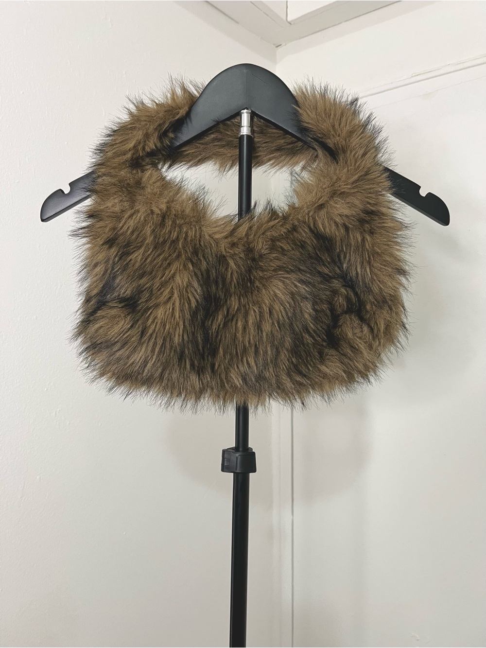 Y2K Faux Fur Mini Shoulder Bag Brown Black Animal Print Soft Fluffy Purse
